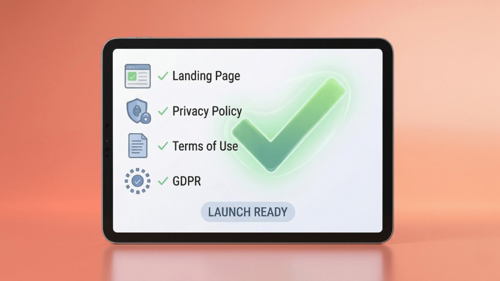 Tablet checklist: landing page, privacy policy, terms of use, GDPR — launch ready