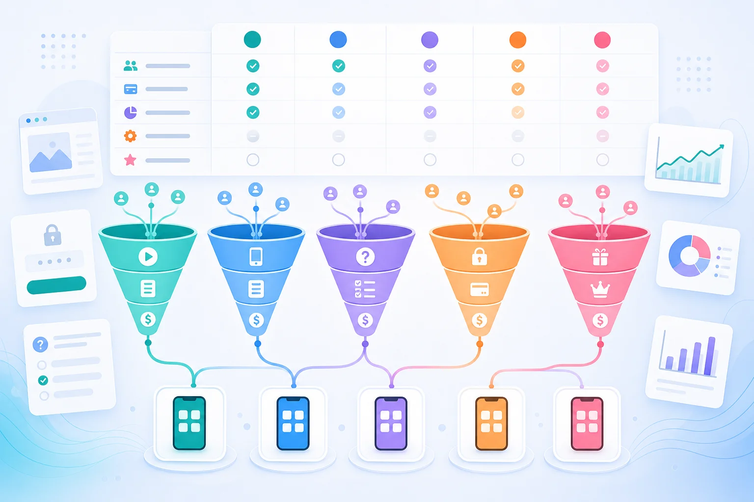 Comparison of web2app funnel builders: web2wave, RevenueCat Funnels, FunnelFox, Zellify, and Typeform
