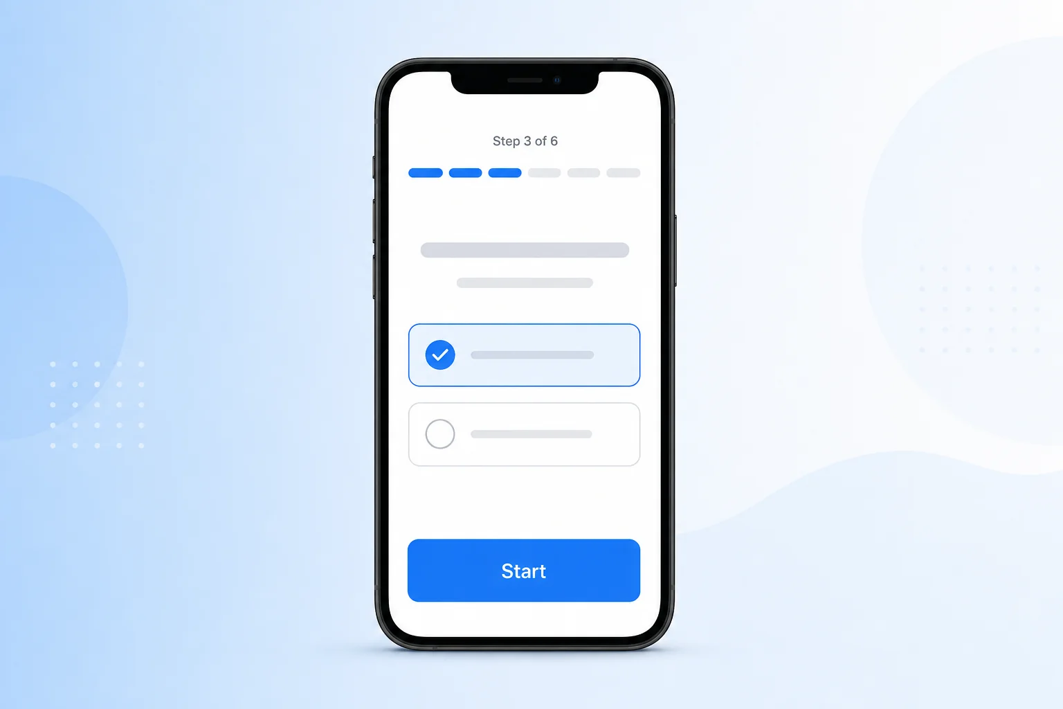 Phone showing a multi-step quiz progress bar at step 3 of 6 with a Start button