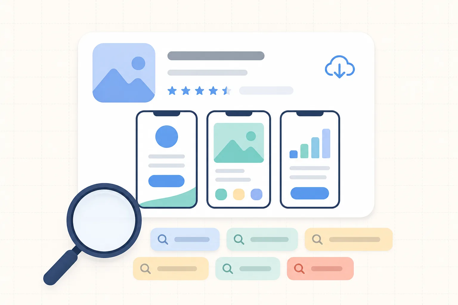 App store listing mock with screenshots and keyword search