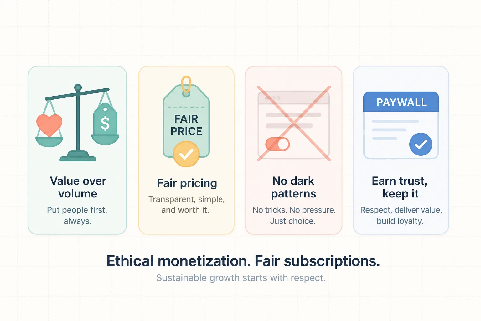 Balance scale of ethics versus fair pricing with dark pattern crossed out