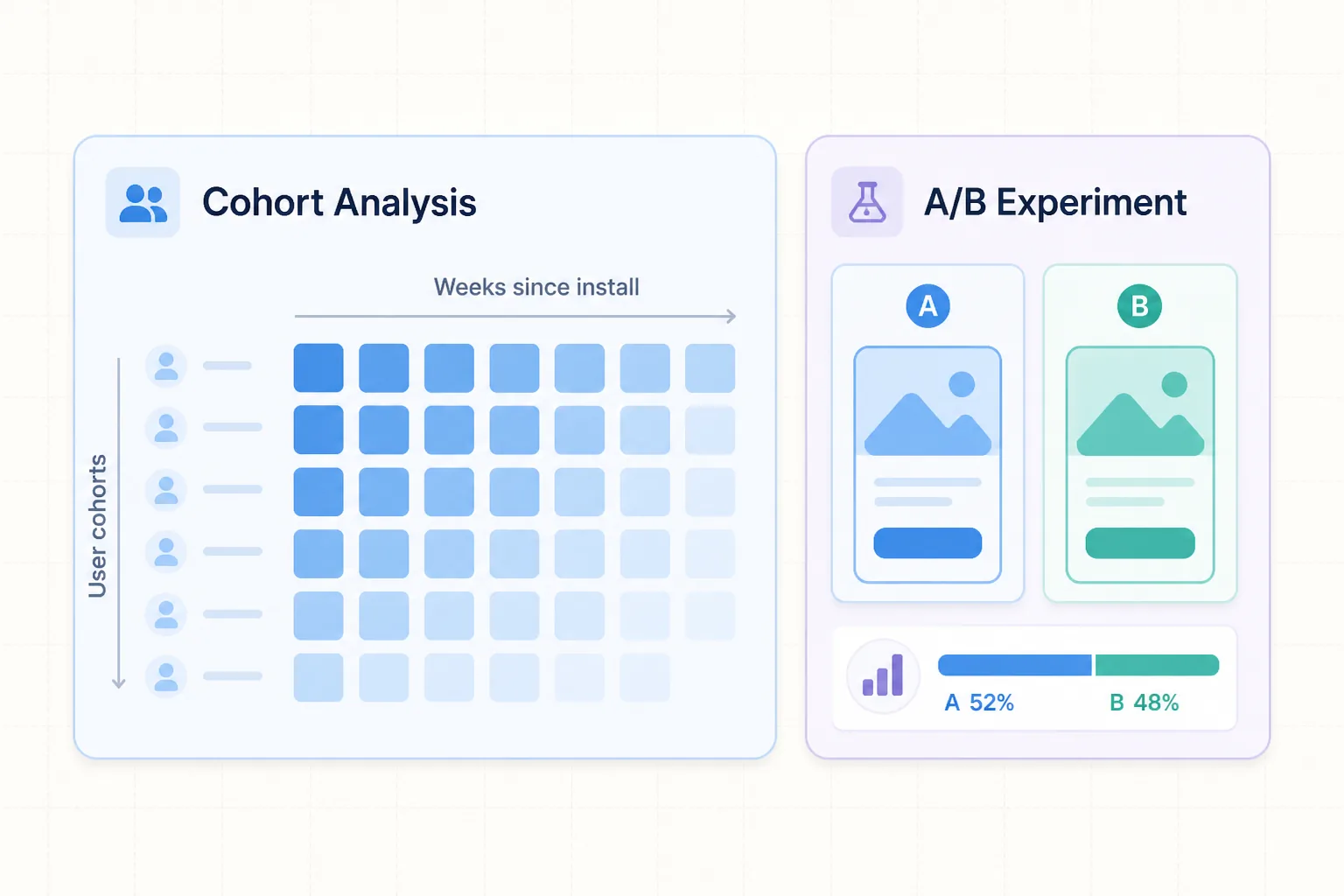 Cohort heatmap dashboard and A/B test cards